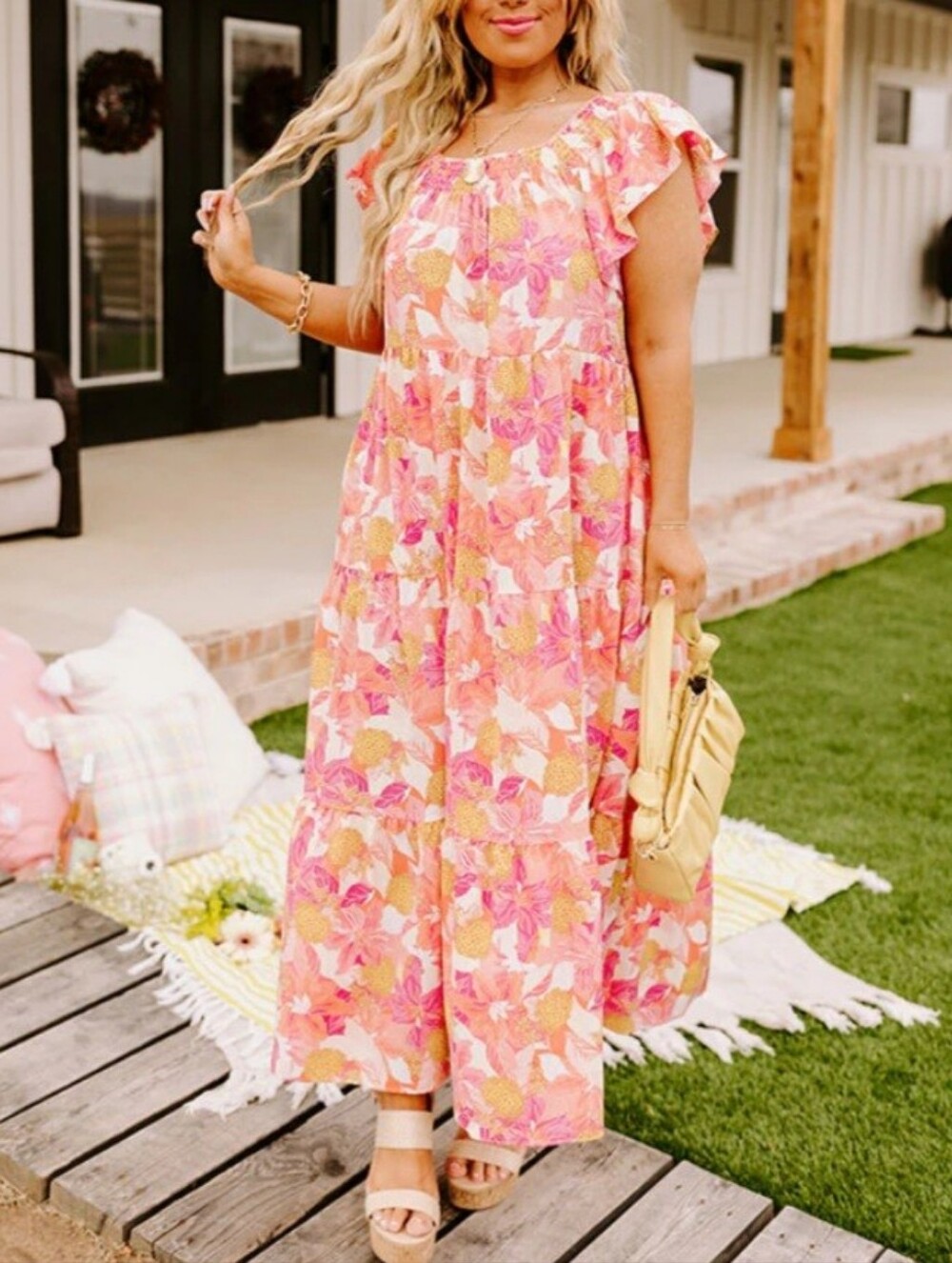 Entro Floral Smocked Maxi Dress Pink Orange Tropical Boho 2X
